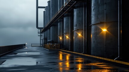 A large industrial building with a lot of tanks and pipes