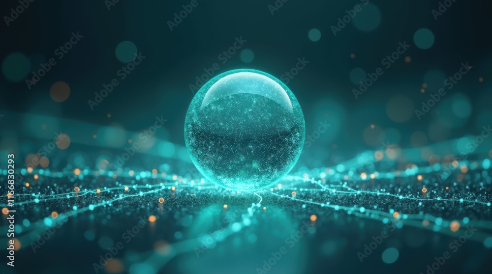 Aufkleber illuminated sphere on a web of luminous particles and light trails in a dark space