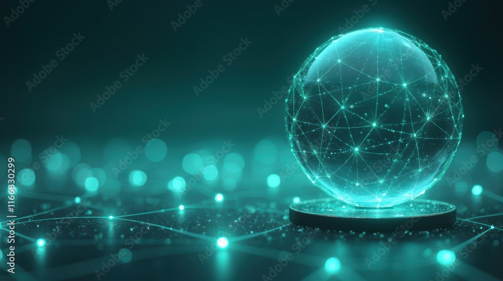 Poster futuristic digital sphere with glowing nodes and lines on a dark background representing connectivit