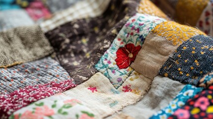 Colorful patchwork fabric close up showcasing intricate floral patterns and linen textures for textile arts and crafts enthusiasts