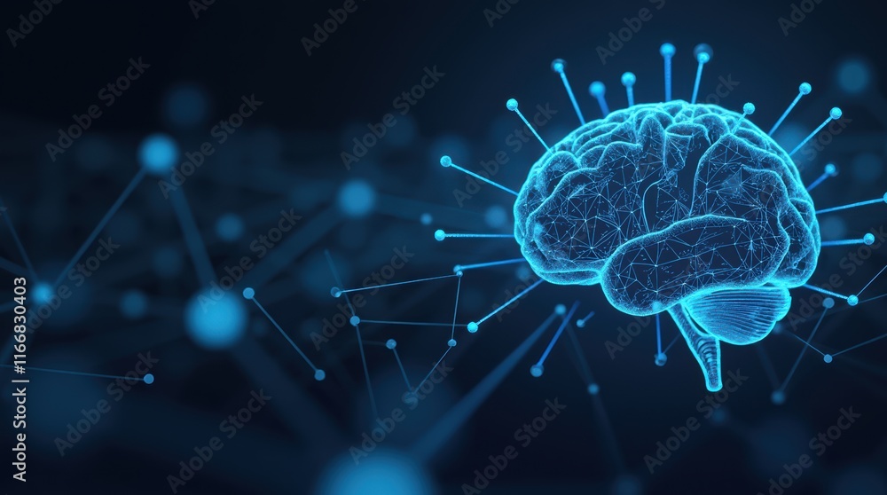 Poster futuristic neural network representation of the human brain with digital elements and connections