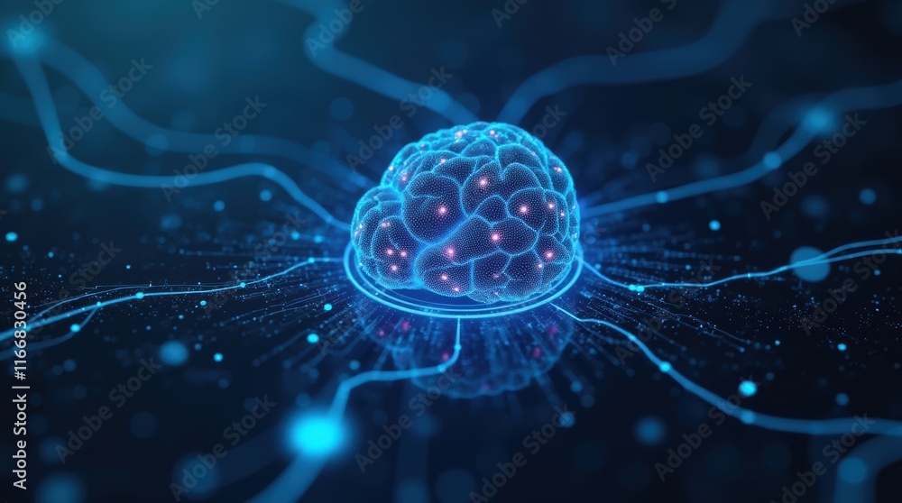 Poster futuristic conceptual representation of a brain with neural connections and digital effects