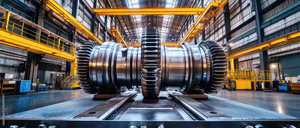 Poster innovative design of a gear-driven turbine in a modern industrial setting showcasing intricate engin