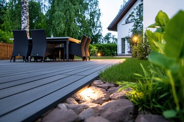Fototapeta premium Modern Patio with Lighting and Greenery at Twilight, Featuring Dining Set and Lawn