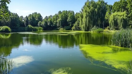Fototapeta premium Algae Blooms in Tranquil Lake Setting