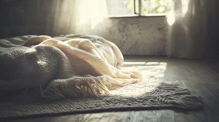Minimalist Bedroom with Natural Light and Soft Textures Showcasing a Cozy Aesthetic in Digital Art Elegant and Inviting Atmosphere