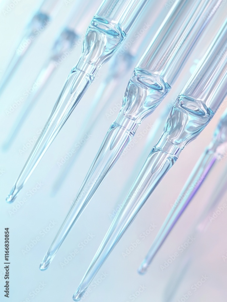 Poster close-up of transparent pipettes with a soft blue gradient background, highlighting laboratory tools