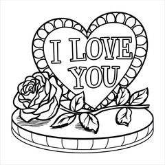 I Love You font with heart and flower element. Hand drawn with inspiration word. Doodles art for Happy Valentine's day card or greeting card. Coloring book for adults and kids