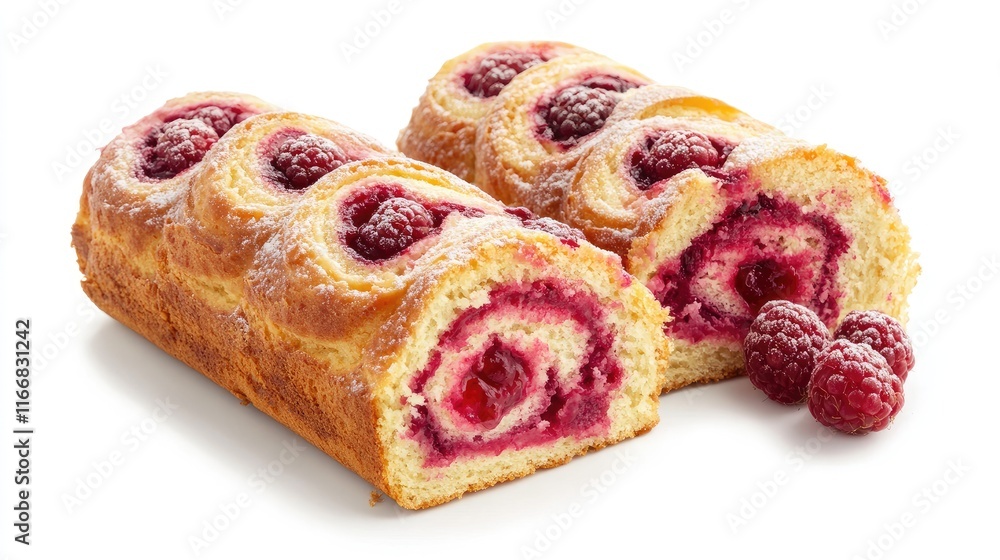 Poster freshly baked raspberry cake roll with swirls of raspberry filling and whole berries showcasing vibr