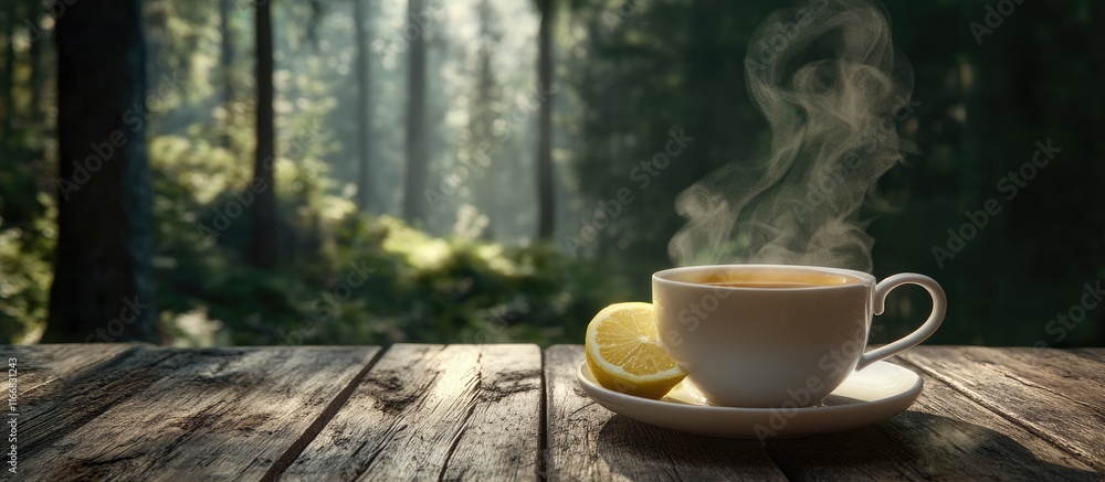 Poster steaming cup of tea with lemon on rustic wood table in serene forest setting creating an inviting an