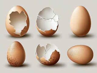 Various stages of egg development, showcasing cracked and whole eggs with a neutral background.
