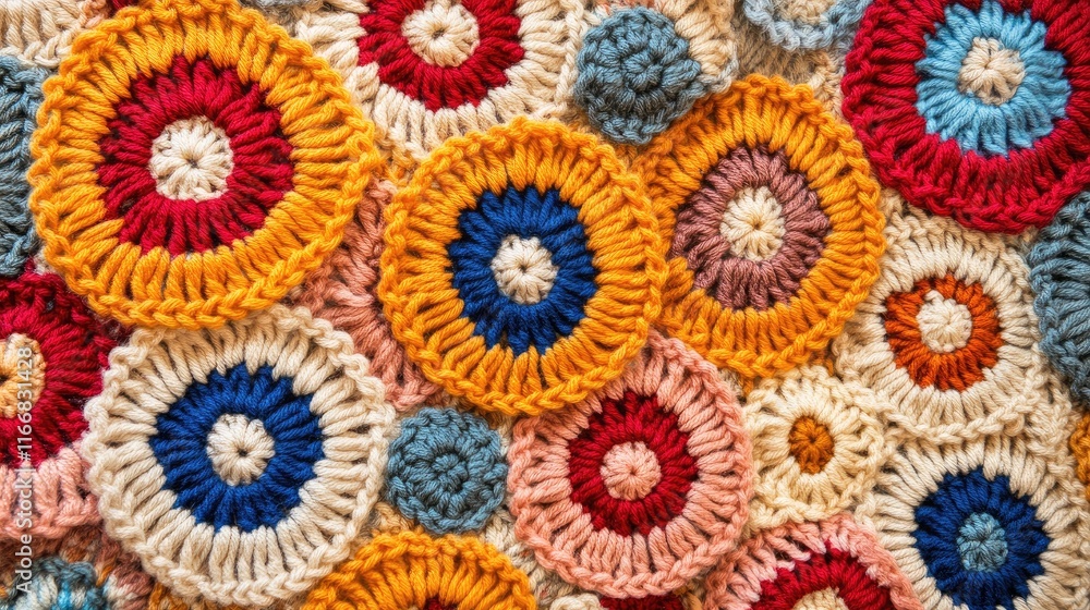 Poster colorful handmade crocheted fabric texture with circular patterns creating a vintage aesthetic backg