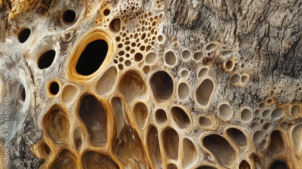 Poster cross section of a tree trunk showcasing unique hollowed areas and intricate wood grain patterns in 