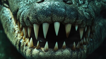 Obraz premium Crocodile close-up showcasing teeth detail in a zoo environment highlighting natural textures and features of this powerful reptile