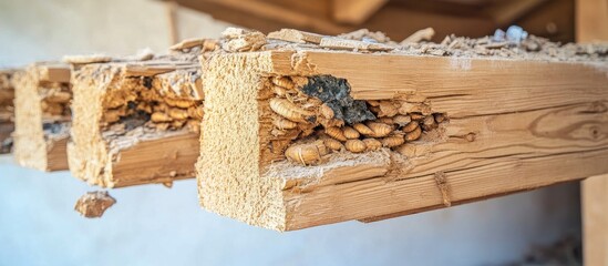 Damaged wooden beams in a house under construction showcasing severe termite infestation problems