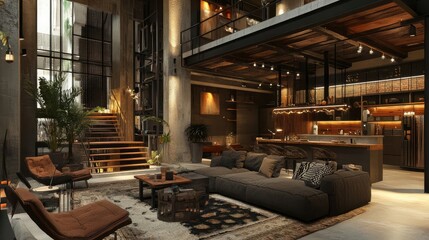 Industrial-style loft living room interior with modern decor, 3D render