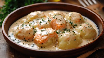 Savory potato dumplings with salmon in rich creamy sauce garnished with herbs in rustic bowl on wooden background