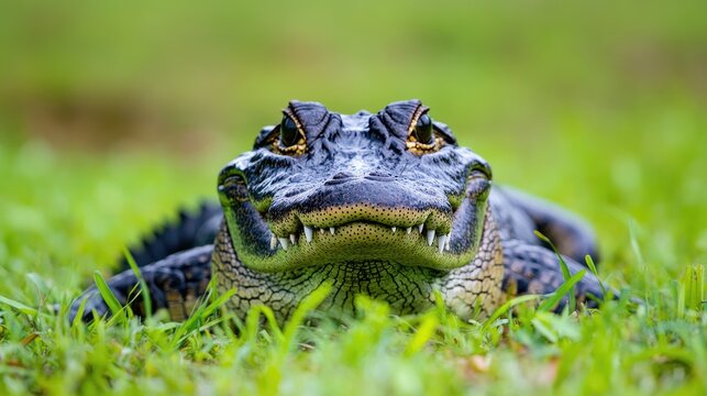 Close-up of a medium-sized alligator resting on grass showcasing its long muzzle and sharp teeth in a natural setting.