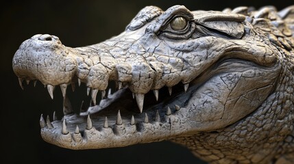 Obraz premium Crocodile skin close-up showcasing detailed texture and toothy grin in natural habitat environment