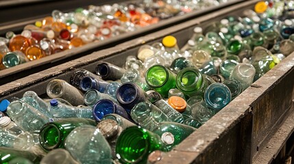 Colorful Assortment of Recycled Glass Bottles on Industrial Sorting Conveyor Belt