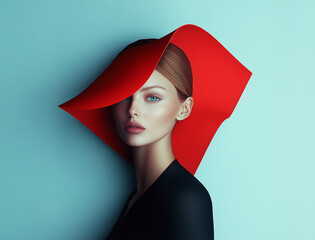 Fashion model showcasing avant-garde headpiece in a minimalist studio setting with soft lighting