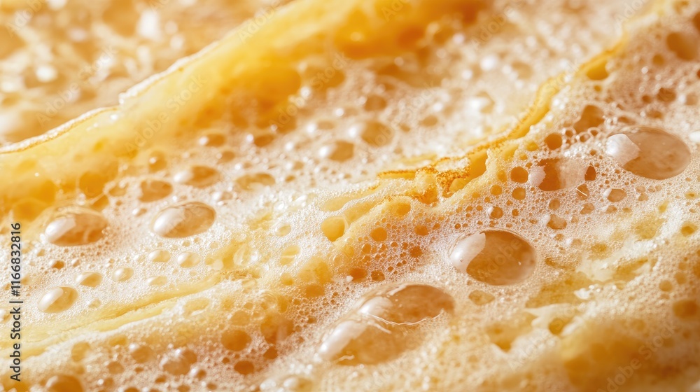 Poster closeup of golden brown crepe texture on a frying pan showcasing bubbles and delicate layers of a th