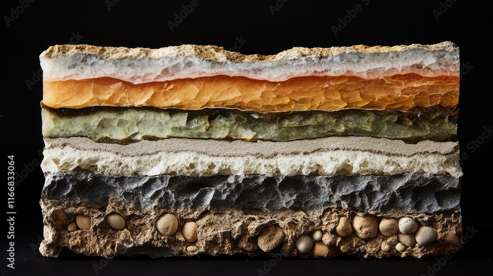 Poster cross section of colorful sandstone layers displaying diverse textures and shades against a dark bac
