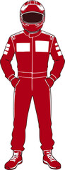Formula 1 driver in a red driver suit vector icon isolated on a transparent background.