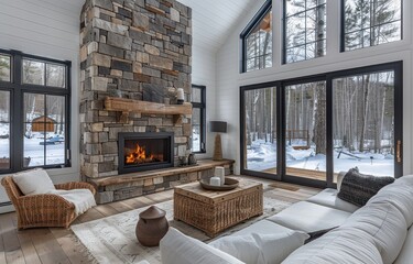 Luxury Log Cabin Interior with Stone Fireplace and Sunlit Rattan Sofa