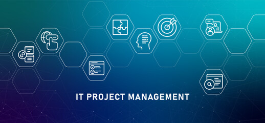 IT Project Management gradient header work progress analysis managing optimization of software development and company IT operation