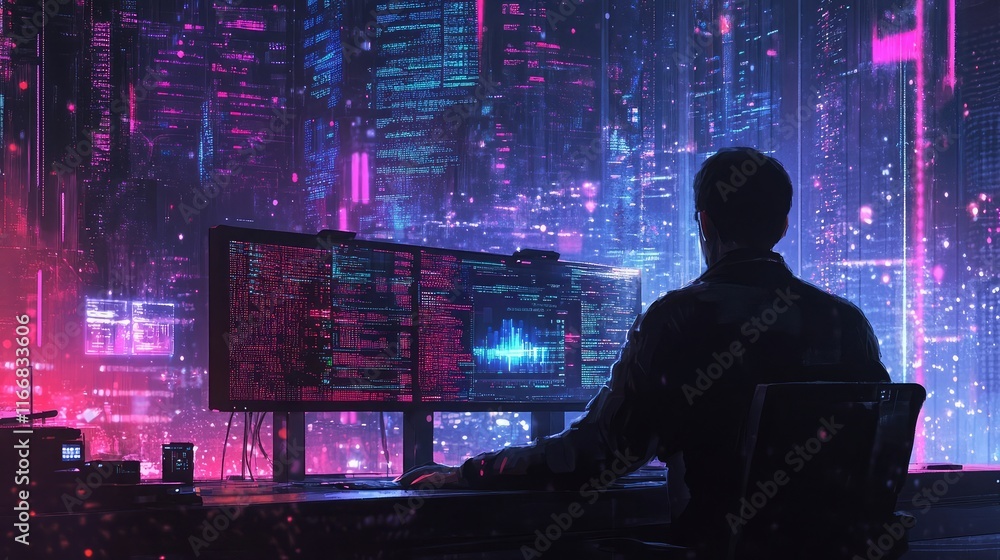 Poster it specialist analyzing data on a computer with a futuristic big data background