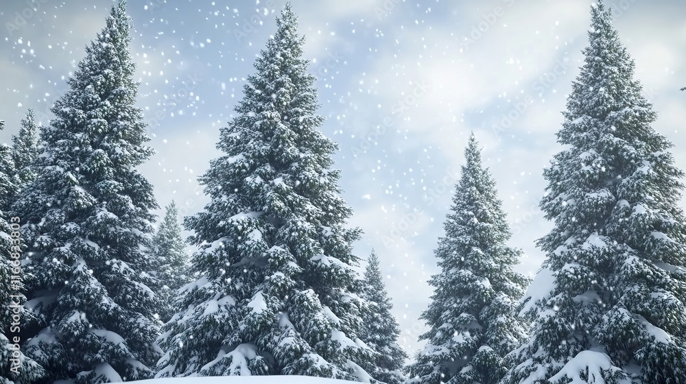 Poster snow-covered pine trees swaying in a light winter breeze, with gentle flakes falling and creating a 