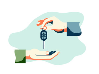 buying renting parking car carsharing service vector illustration hand agent salesman owner holding automatic remote auto key customer sale purchase deal automobile clipart