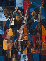 Fototapeta premium A cubist painting of a jazz ensemble in vibrant blues, reds, and yellows captures the music’s dynamic rhythm