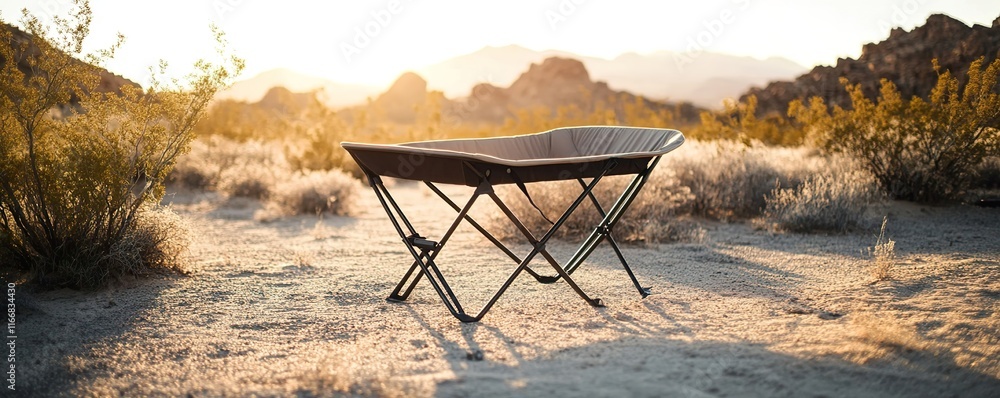 Poster minimalist travel cot with a durable frame, set in a scenic desert terrain with soft shadows cast by