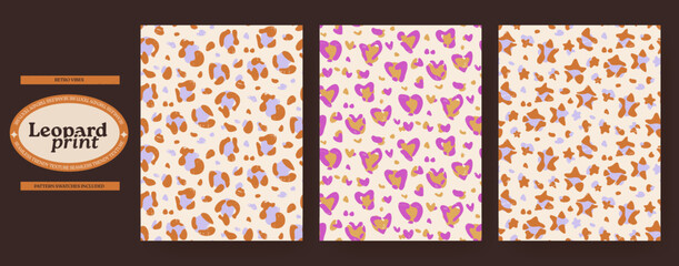 Set of seamless leopard skin patterns, prints with retro texture, vintage wild style aesthetic. Trendy wallpaper in three variations: classic, heart shaped and star shaped. Pattern swatches included. © v1ra
