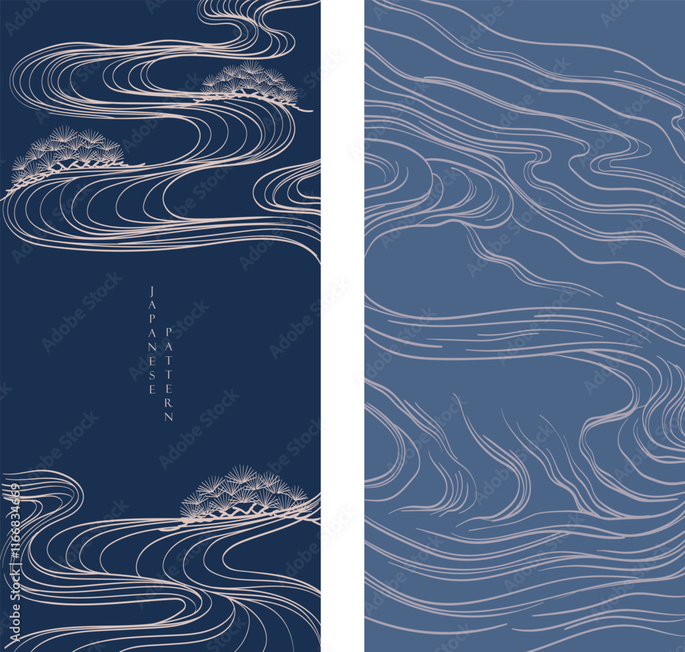 Wall mural japanese background with line ocean sea and bonsai tree pattern vector. abstract template with geome