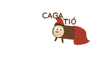 Caga Tió, Catalan Christmas tradition, drawn illustration on clean white background.