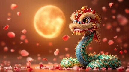 Fototapeta premium A stylized dragon sculpture with a moon backdrop, evoking cultural symbolism and artistry.