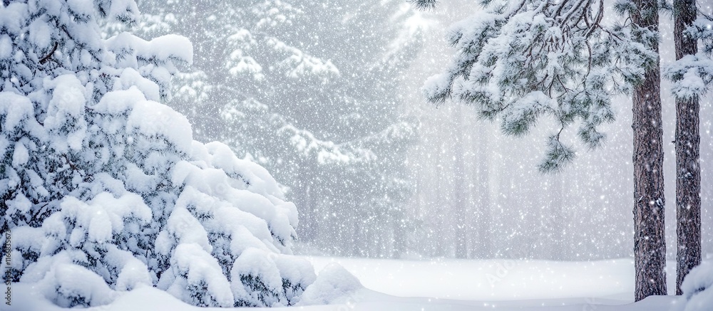 Poster a serene snowfall in a forest, with snow gently resting on tree branches and the ground, creating a 