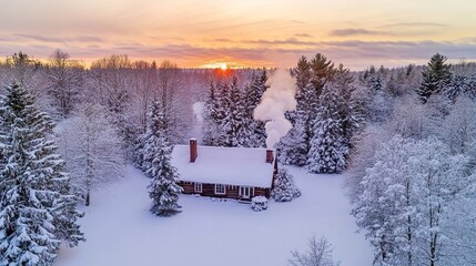 A snow-covered cabin surrounded by a peaceful forest, smoke rising from the chimney as the January sunset casts a warm glow.