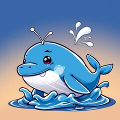 Naklejka premium Playful Whale Splash: An adorable cartoon whale enjoys a playful splash in the ocean, showcasing charming character design and vibrant colors. Perfect for children's illustrations.