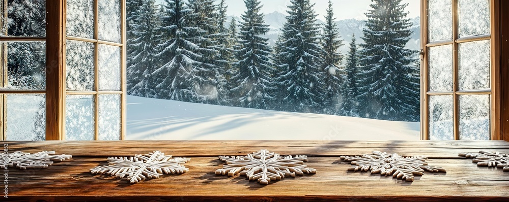 Poster a rustic wooden dining table with snowflake carvings, set against a backdrop of snow-covered pines v