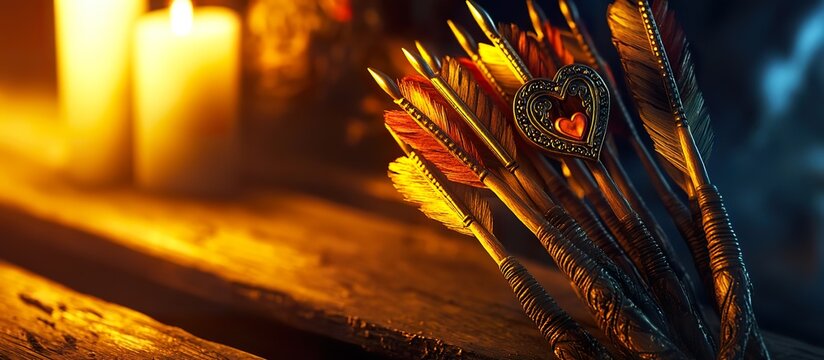 A quiver of ornate arrows with heart-shaped tips, leaning against a rustic wooden table, illuminated by a soft, warm glow.