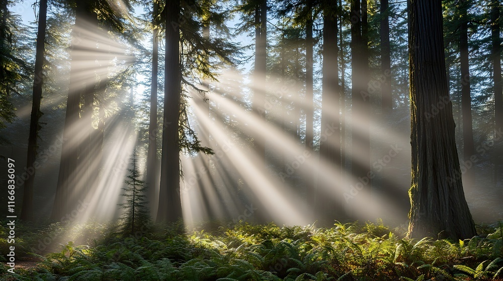 Poster a misty forest with sunlight filtering through tall pine trees, creating glowing rays that illuminat