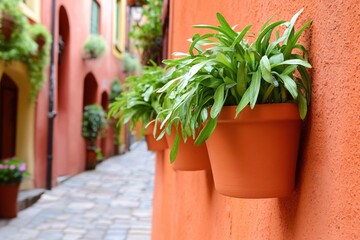 Naklejka premium Charming Alleyway with Colorful Flower Pots in a Quaint European Village Setting