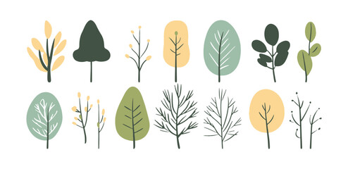 Set of tree and leaf collection hand drawn flat design vector element. botanical set of bare trees and ones with leaves and lush green