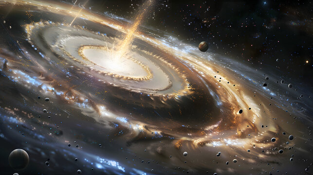A distant spiral galaxy with a black hole in the center spraying elements outward
