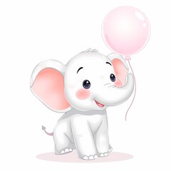 Adorable Elephant with Balloon: A whimsical illustration of a cute, cartoon elephant holding a pink balloon. Perfect for children's books, baby shower invitations, and nursery decor.  
