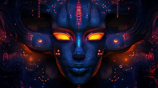 Glowing cybernetic female face, intricate detail, dark background.